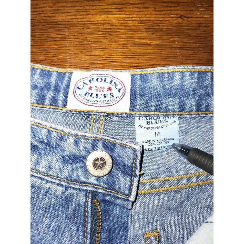 Vtg 90s Carolina Blues Center Crease Bootcut Jeans Womens 14 Rigid Cotton Flare - Picture 4 of 6